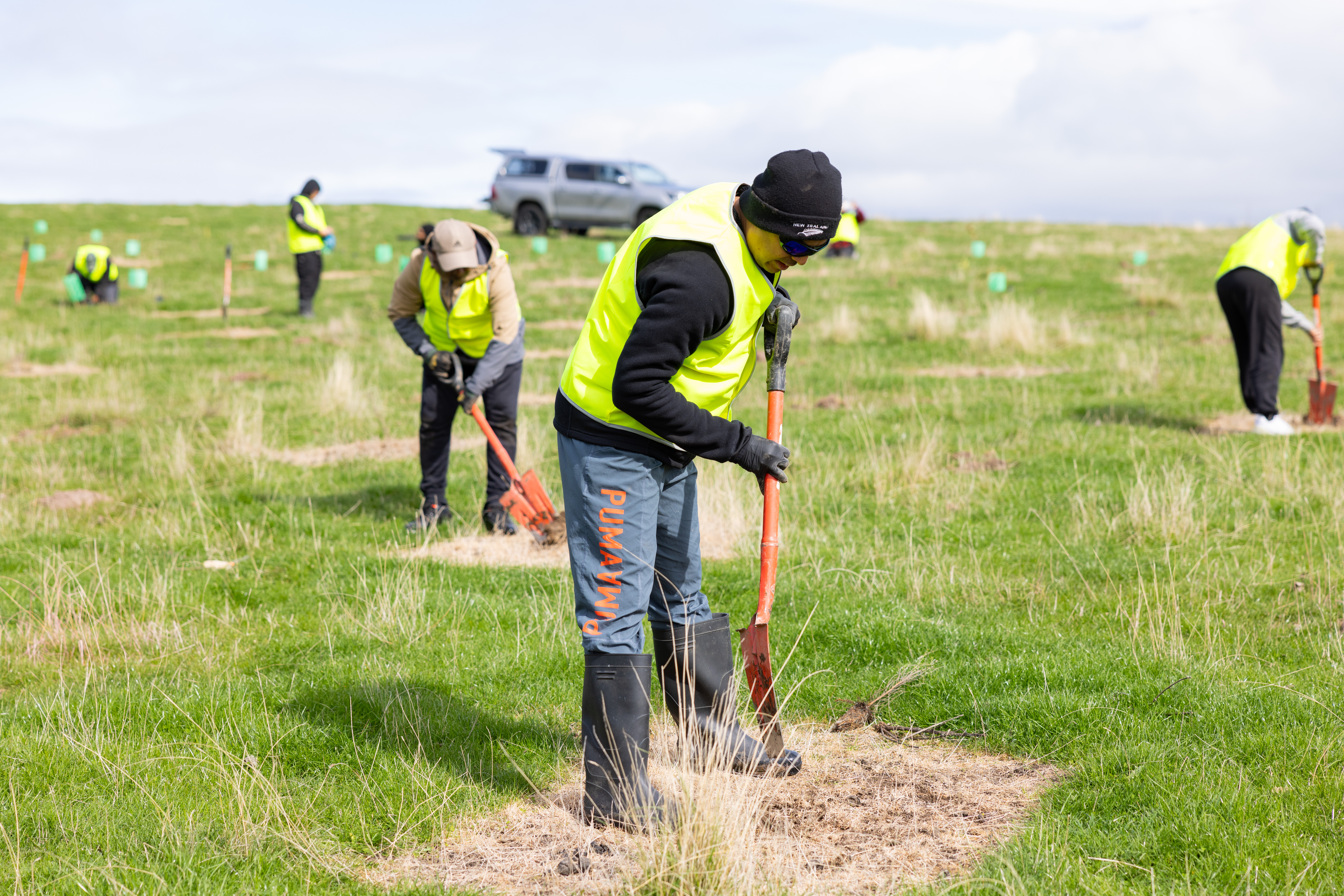 The image shows several people planting trees in an open grassy field. They are wearing bright yellow high-visibility vests, gloves, and sturdy boots, indicating that this is an organized environmental or reforestation effort. Each person is actively digging or planting saplings, with tools like spades in use. A vehicle is parked in the background, and protective plant guards are visible around some of the saplings, suggesting a focus on ensuring the young trees' growth and protection.